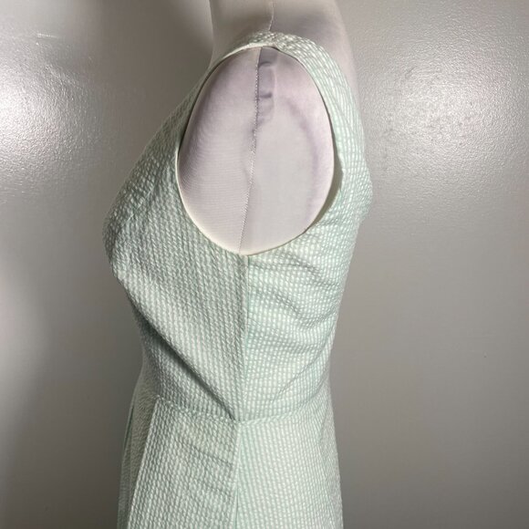 J. CREW A Line Dress Sz 0 Green White Seersucker Pleated Sleeveless Back Zip - Picture 7 of 16